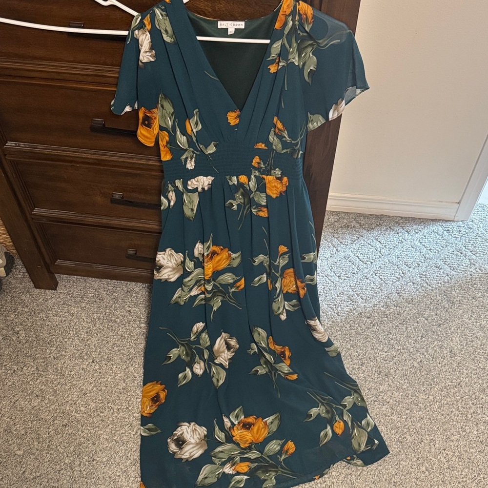 Baltic Born Floral V-Neck Dress in Teal and Orange